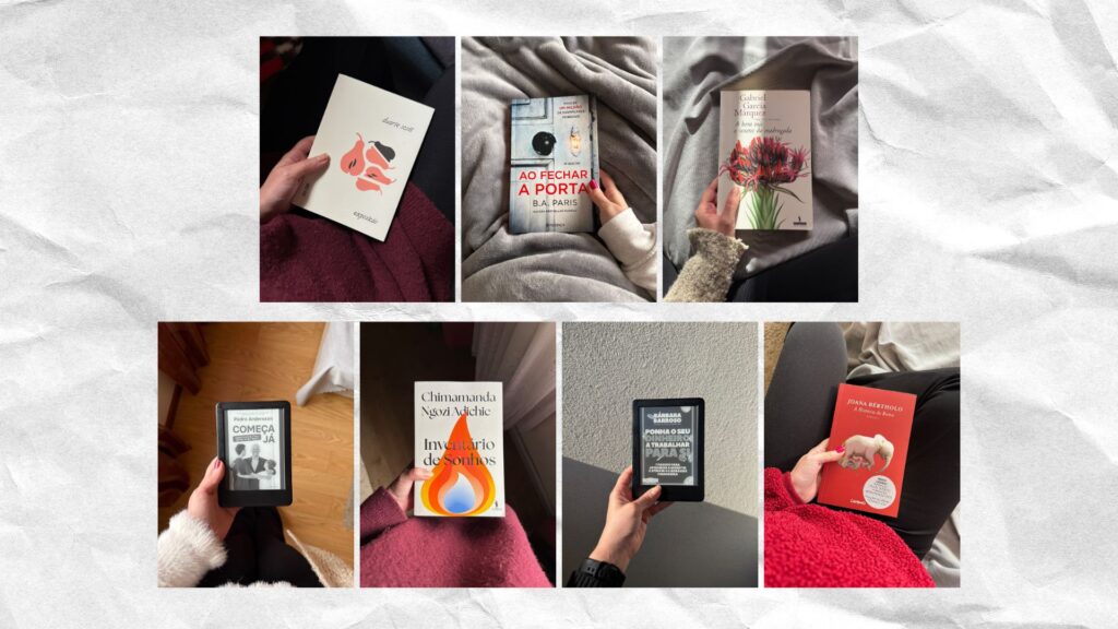 imagem com fotografias dos livros lidos em fevereiro. em cima: Exposição. Poemas e Prosímetros, de Duarte Scott; Ao Fechar a Porta, de B. A. Paris; A Hora Má, de Gabriel García Márquez. em baixo: Começa Já, de Pedro Andersson; Inventário de Sonhos, de Chimamanda Ngozi Adichie; Ponha o Seu Dinheiro a Trabalhar para Si, de Bárbara Barroso; A História de Roma, de Joana Bértholo.